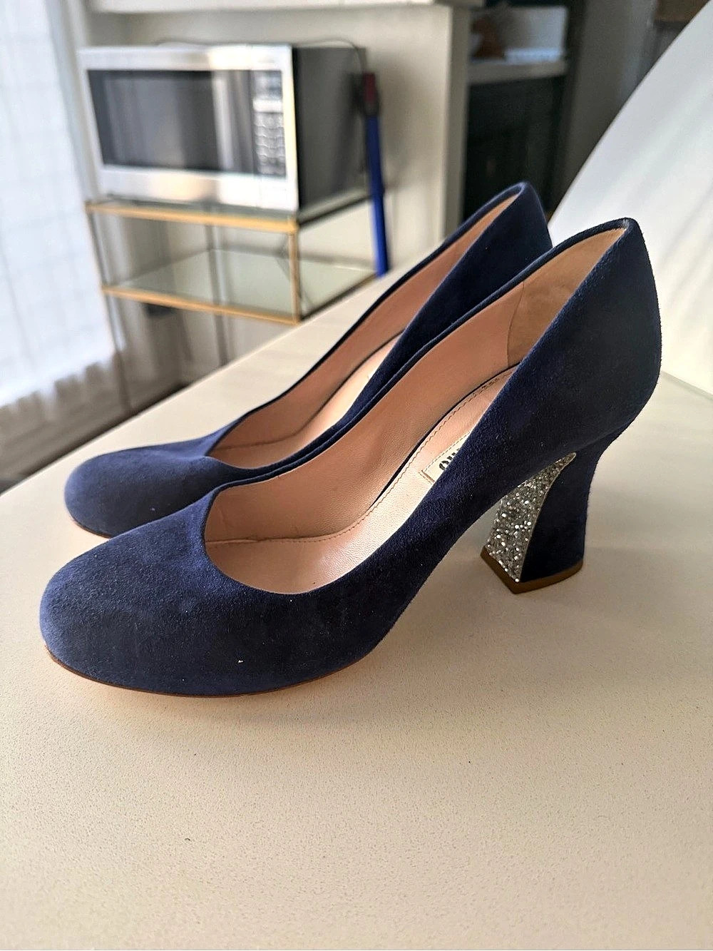 Miu Miu Blue Suede Glitter Block Heel Pumps EU 37.5
